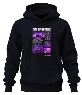 Obrázok produktu pre Mikina s kapucňou "City of Dreams Los Angeles Retro Japan Y2K California 80s", tmavomodrá, veľkosť S