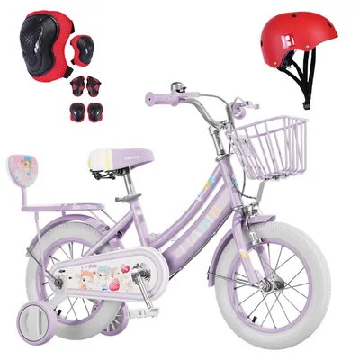 Produktbild von Habib Bicycle Mädchenfahrrad 12" 14" 16" | Komplett-Set mit Schutzpads & Pumpe., Lila / 14 zoll