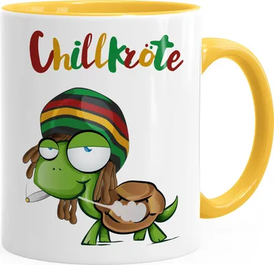 Produktbild von Kaffee-Tasse Chillkröte Schildkröte Rastafrisur Joint Comic Stil Kaffeetasse Fun-Tasse MoonWorks® gelb Keramik-Tasse