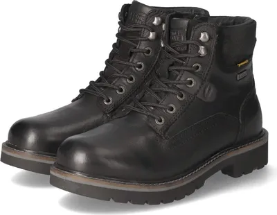 A pair of black leather winter boots.