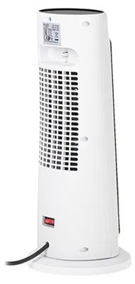 The back side of a white tower heater is shown against a white background.