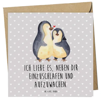 Produktbild von Mr. & Mrs. Panda Glückwunschkarte Pinguine Einschlafen - Grau Pastell - Geschenk, Grußkarte, Mitbringsel, Valentinstag, für Frauen, faltkarte, anlasskarte, doppelkarte