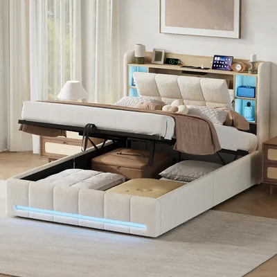 Produktbild von INONEFT Boxspringbett 160x200cm mit LED und USB, Polsterbett Doppelbett mit Kopfteil mit Stauraum, Hydraulisches Stauraumbett , Jugendbett, Beige