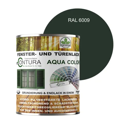 Produktbild von Contura 750ml Fenster und Türenlack Glänzend nach RAL 2in1 mit Pinsel Möbellack Innen und Außen Holzlack - RAL 6009 Tannengrün
