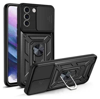 A black phone case with a sliding camera cover and a ring stand is shown from two angles against a white background.