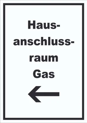 Produktbild von Hausanschlussraum Gas Schild mit Text und Richtungspfeil links HAR hochkant A1 (594x841mm)