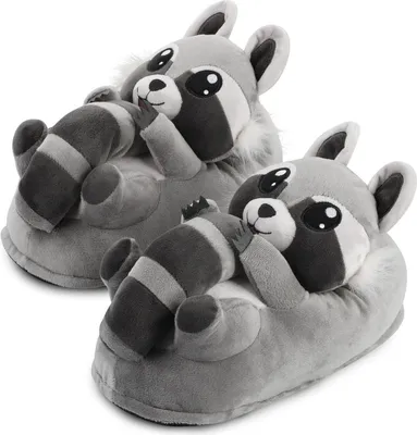 Produktbild von Corimori Süße Plüsch Hausschuhe (10+ Designs) Waschbär Lina“ Slipper Einheitsgröße 34-44 Uni Pantoffeln Grau Schwarz