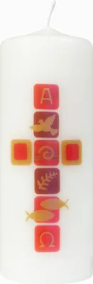 Produktbild von Hausosterkerze, Ostertischkerze Kreuz, Taube, A+O 160 x Ø 60 mm (Transferdruck)