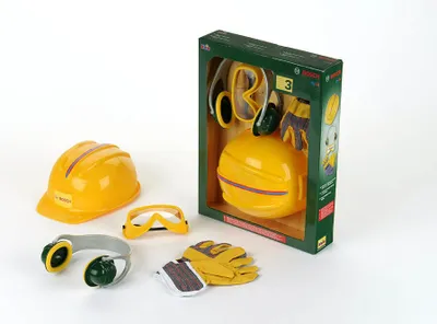 A set of children's toy construction accessories, including a hard hat, goggles, headphones, and gloves, displayed both individually and in its packaging.