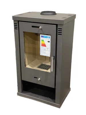A gray wood-burning stove with a glass door and an energy efficiency label on the door.