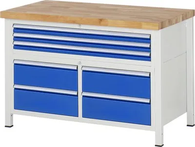 Produktbild von Werkbank mit 7 Schubladen - Vollauszug - 60:3 / 180:4 - 840 x 1.250 x 700 mm (HxBxT) - Traglast 1.250 kg - Buche