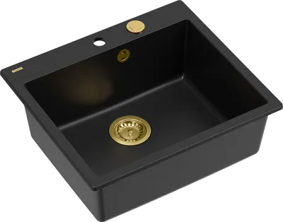 Obrázok produktu pre Jednokomorový drez QUADRON | Rozmery: 57 x 50 x 22 cm | MORGAN 110 | GranitovýQ podomietkový drez so sifónom | Matná čierna a zlatá