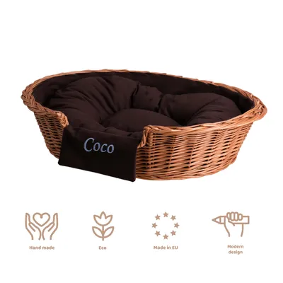 Image de Panier pour chien en osier ovale avec un coussin et le nom 60x43 H16 CM