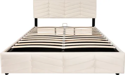 Produktbild von Merax Hydraulisches Boxspringbett 140x200cm Polsterbett mit Bettkasten, Lattenrost und höhenverstellbarem Kopfteil, Doppelbett Stauraumbett Funktionsbett mit Samtbezug in Beige