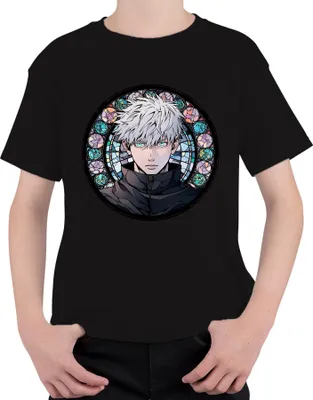 Zdjęcie produktu dla Koszulka dziecięca uni z motywem Gojo Satoru z anime „Jujutsu Kaisen” – białe włosy, niebieskie oczy, czarny kolor, rozmiar 104