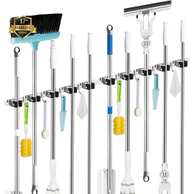 Produktbild von Besenhalterung Wand 5 Halter 4 Haken 2er Set Schwerlast Gerätehalter Edelstahl Selbstklebend & Schraubmontage