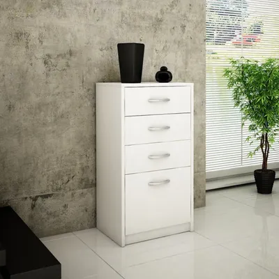 Image de Commode 4 tiroirs finition mate, commode 45cm de large armoire bois commode à tiroirs Sideboard Highboard blanc