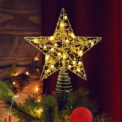 Produktbild von Weihnachtsbaumspitze Stern aus Metall mit LED-Lichtern, 25 cm, Gold
