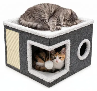 2-in-1 Katzenhaus mit Kratzkissen und Hängeball, grau, faltbar