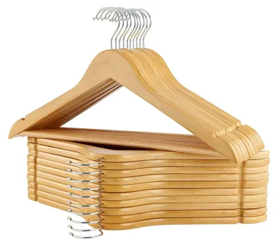 Produktbild von Kleiderbügel Holz 20er Set, Massivholz Kleiderbügel mit rutschfestem Hosensteg, Einkerbungen und 360° drehbarem Haken, für Anzüge, Hemden, Natur