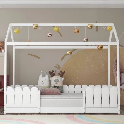 Produktbild von Weiß Hausbett 90x200 cm - vielseitiges Holz Kinderbett für Jungen & Mädchen - Mit Rausfallschutz und Lattenrost (Ohne Matratze)
