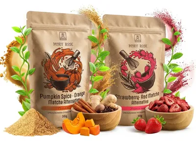 Produktbild von Mary Rose - Bunter Matcha Tee Pulver Red & Orange 2x50g - Erdbeere & Pumpkin Spice - Ohne Zucker - Natürliche Lebensmittelfarbe Für Latte & Desserts
