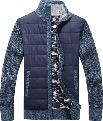 Produktbild von ASKSA Herren Stehkragen Strickjacke Warm Fleece Gestrickt Cardigan Wintermantel mit Reissverschluss Mantel, Blau, XXL