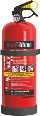 A red fire extinguisher with instructions and labels.
