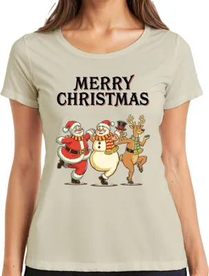 Produktbild von MERRY CHRISTMAS Weihnachtsmann Schneemann Rentier tanzend Vintage Damen T-Shirt, Natur, M