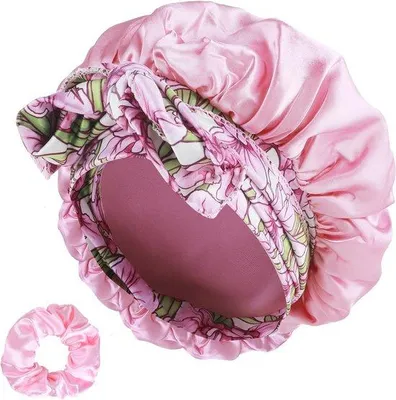 Produktbild von Satin-Schlafmütze für Frauen mit Scrunchie - Für lockiges Haar, Rosa