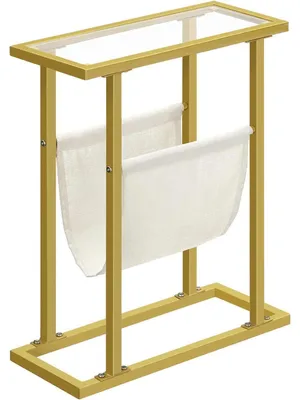 Immagine prodotto di Tavolino laterale con portariviste in vetro temperato, finitura dorata, dimensioni 40x18x55 cm