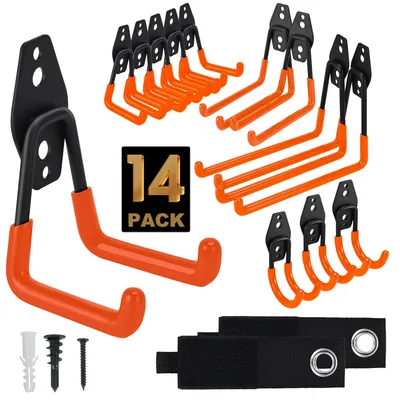 Image de Crochets muraux pour garage, lot de 14 crochets muraux, 4 tailles différentes, crochets robustes pour outils de jardin, atelier, échelles, rangement de garage (orange)