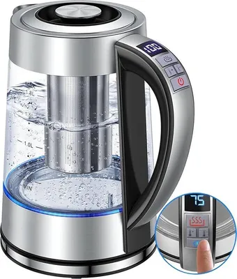 Produktbild von 1,8L Wasserkocher aus Borosilikatglas mit Edelstahlfilter, Wärmeisolierung, LED-Anzeige und Verbrühschutzgriff – Ideal für Tee und Kaffee.