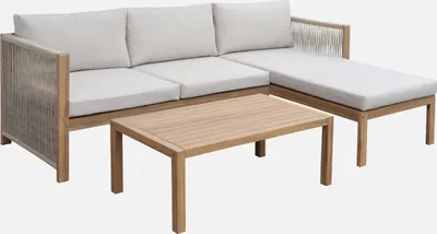 An outdoor furniture set consisting of a sectional sofa and a coffee table, presented against a white background.