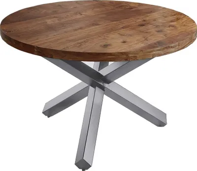 Produktbild von Runder Esszimmertisch 130 cm Runa, Akazienholz massiv, Esstisch nussbaumfarben, Sternfuß aus Metall Silber, Holztisch mit aufgedoppelter Tischplatte 50mm (25+25mm)