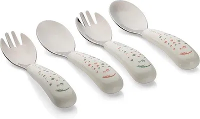 Produktbild von DigiRigi® Babybesteck 4-tlg. aus Edelstahl – cremeweiß, runde Löffel & Gabel mit dicken Griffen, stumpfe Spitzen, EN 14372 , ab 12 Monate