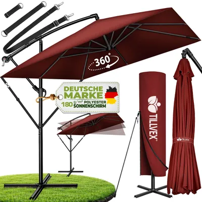 Obrázok produktu pre tillvex® Hliníkový slnečník Obdĺžnikový Ø 330 cm Červený + kryt s kľučkou | Štvorcový konzolový slnečník so stojanom a vetrovkou | Záhradný slnečník Hliník s UV ochranou | Kľučka slnečníka Vodotesný 360° otočný