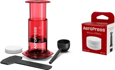 Zdjęcie produktu dla AeroPress Vorteilsset Coffee Maker Clear rot + 350 Mikrofilter
