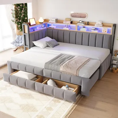 Produktbild von okwish Tagesbett 90/180×200 mit Ausziehbett und 2 Schubladen, Polsterbett mit USB und Typ-C, Kinderbett mit LED,Hellgrau,ohne Matratze