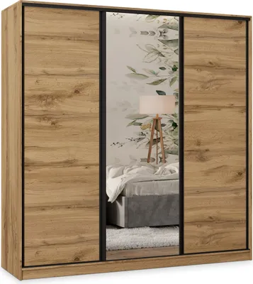 Produktbild von Masseno Schiebetürenschrank TARI 180/205/58 cm Kleiderschrank mit 4 Schubladen Schlafzimmer Schrank 3-türig mit Spiegel Eiche Wotan