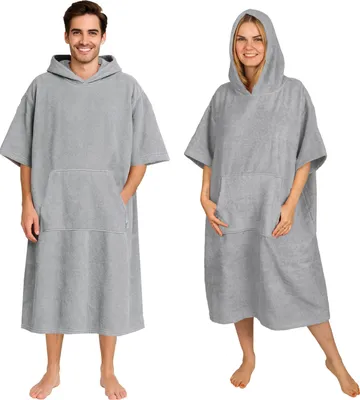 Produktbild von Frottee Badeponcho Damen Herren - Strandponcho 100% Baumwolle Surf Poncho Erwachsene Handtuch Kapuze Bade Surfponcho Bademantel Grau L/XL