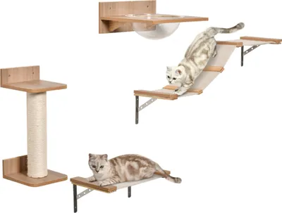 Produktbild von Set für Katzen mit Kratzbaum, Katzentreppe & Hängematte, Hellbraun, Sisal, Acryl, Kiefer,