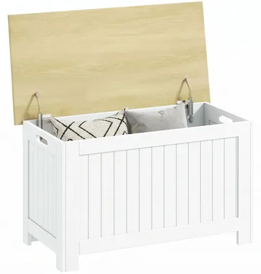 Image de Coffre de rangement pour chambre à coucher - Boîte de rangement en bois avec couvercle - 80,5 x 40 x 46,4 cm - Pour les jouets et le linge - Blanc naturel