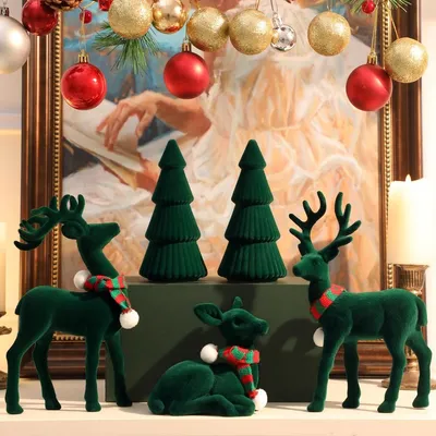 Immagine prodotto di Decorazione natalizia renne e alberi di Natale - Velluto - 5 pezzi - Verde