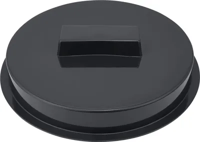 A black circular lid with a rectangular raised section in the center, shown from a top-down perspective on a white background.
