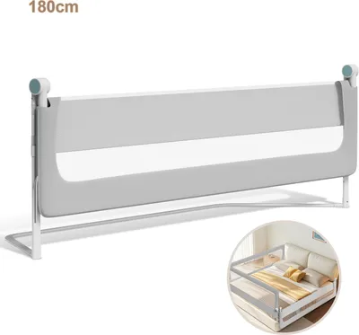 Produktbild von Hengda 180cm klappbares Bettgitter, 180 Grad drehbares Bettschutzgitter für Kleinkinder, höhenverstellbar, luftiges Netz, für Kinderbett, grau