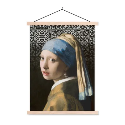 Produktbild von MuchoWow® Textilposter Das Mädchen mit dem Perlenohrring - Johannes Vermeer - Schnittmuster 120x160 cm mit holzfarbenen Rahmen - Plakatkarton