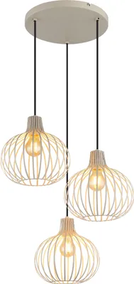 A triple pendant light fixture with beige wire cages and a beige ceiling canopy.