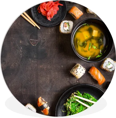 Produktbild von MuchoWow® Rundes Wandbild - Runde Bilder Sushi - Essstäbchen - Kräuter - Gewürze Ø 60 cm Kreis Wanddekoration Kunststoff - Wandkreis - Wandschmuck - Wand Kreis - Das Schlafzimmer - Die Bilder - Wandmalerei - Kunst für das Haus - das Plastik