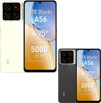 A collage of two ZTE Blade A56 smartphones, one in white and one in gray, with marketing text overlayed on their screens.